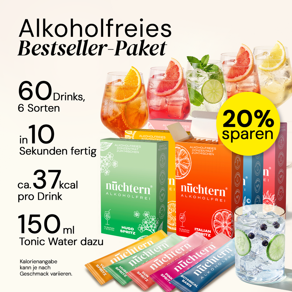 nüchtern Allrounder Paket Alkoholfrei – 60 Drinks (Wacholder Basis, Italian, Hugo, Yuzu, Pink und Sun Spritz)
