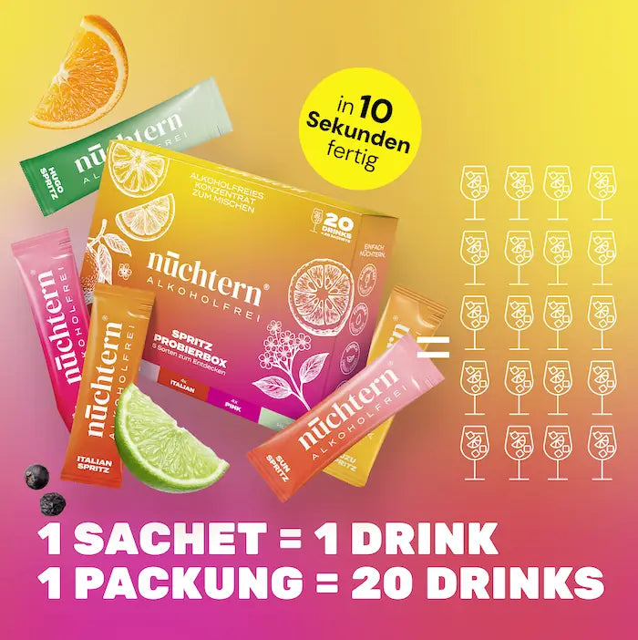 nüchtern Spritz Probierbox: 1 Sachet ergibt 1 Drink, 1 Packung ergibt 20 alkoholfreie Drinks, in 10 Sekunden fertig