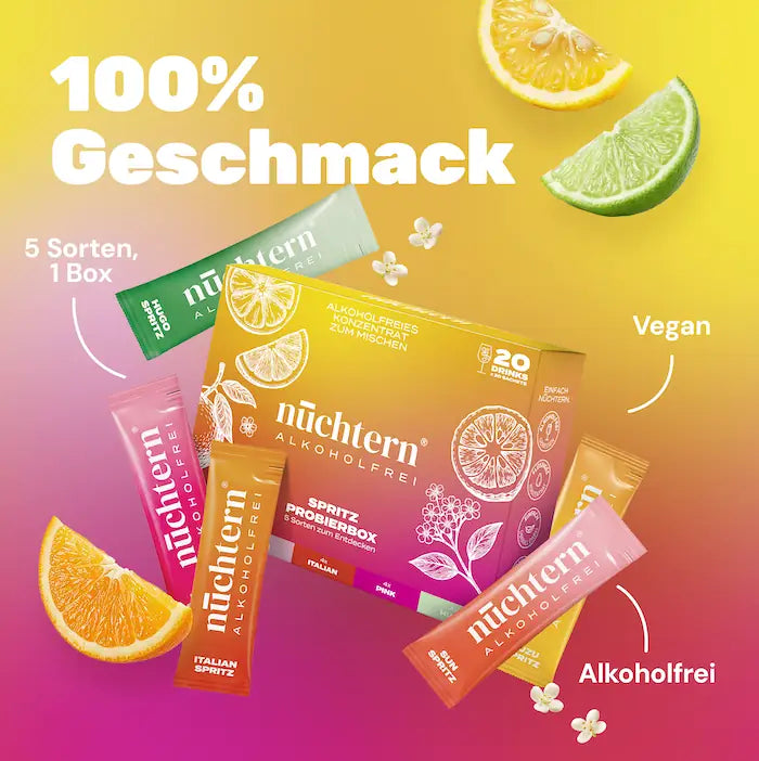 nüchtern Spritz Probierbox mit 5 alkoholfreien Sorten in Sachets, vegan