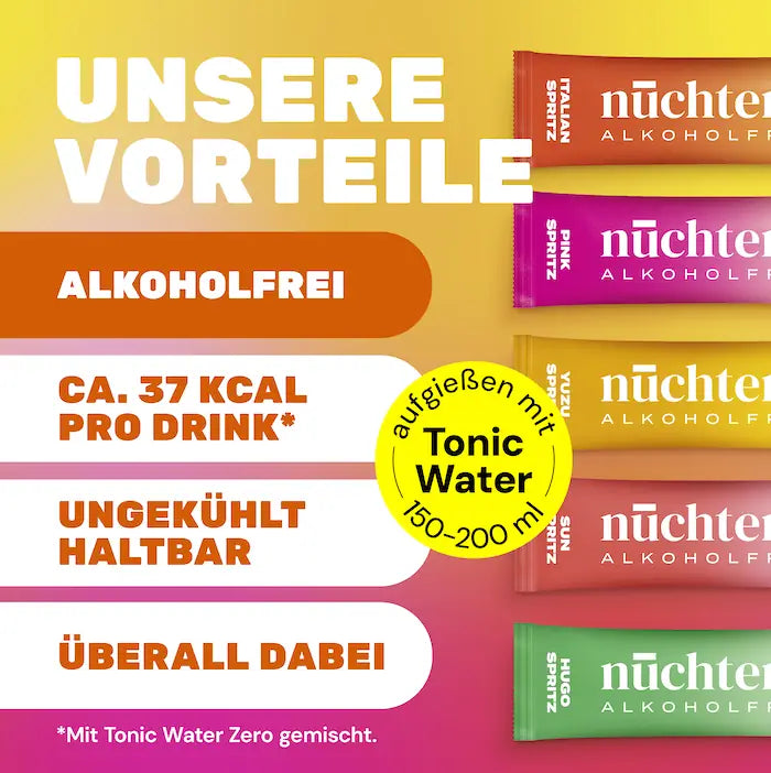 Vorteile der nüchtern Sachets: alkoholfrei, ca. 37 kcal pro Drink, ungekühlt haltbar, überall dabei, mit Tonic Water aufgießen
