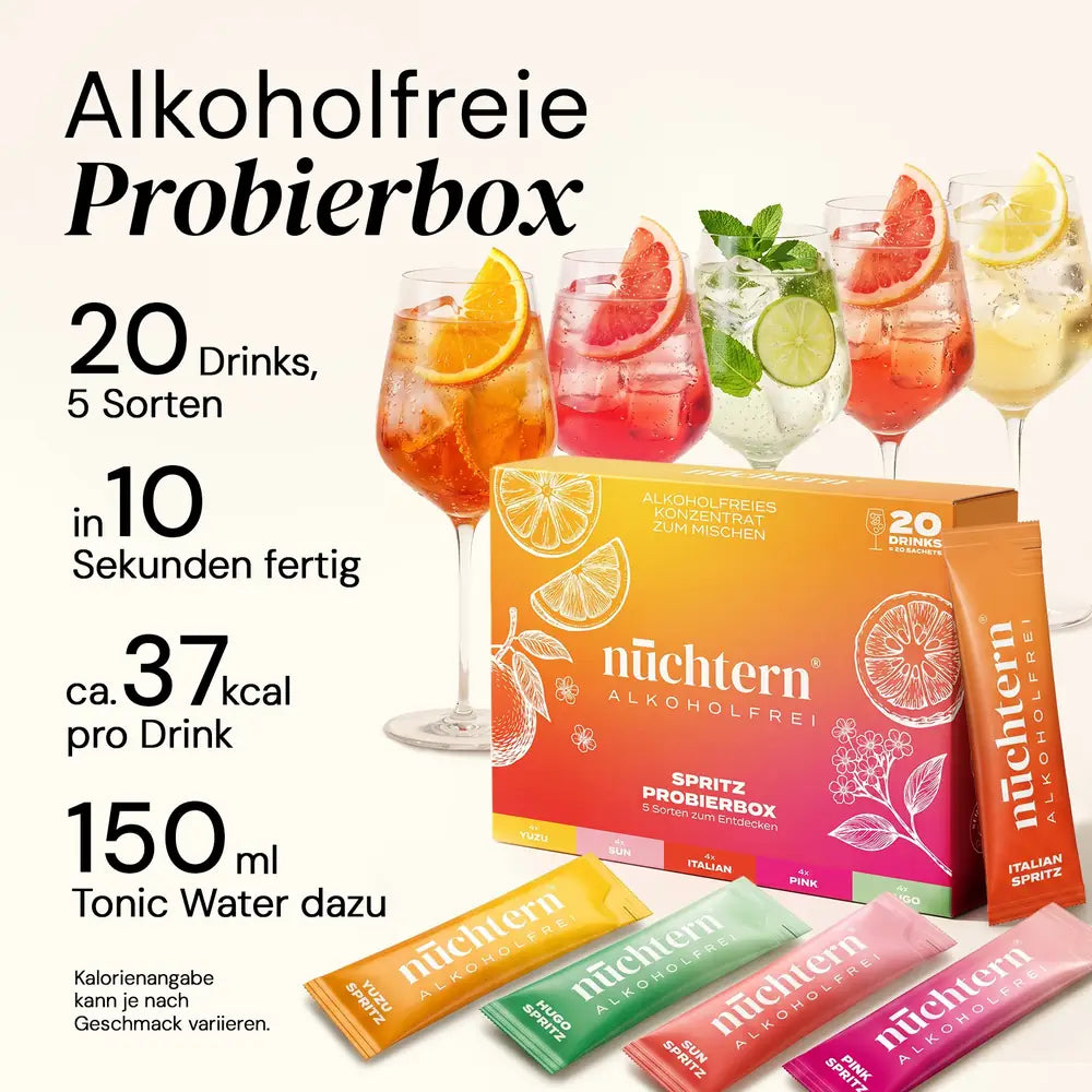 0 alkoholfreie Drinks in 5 Sorten, ca. 37 kcal pro Drink, mit 150 ml Tonic Water in 10 Sekunden fertig