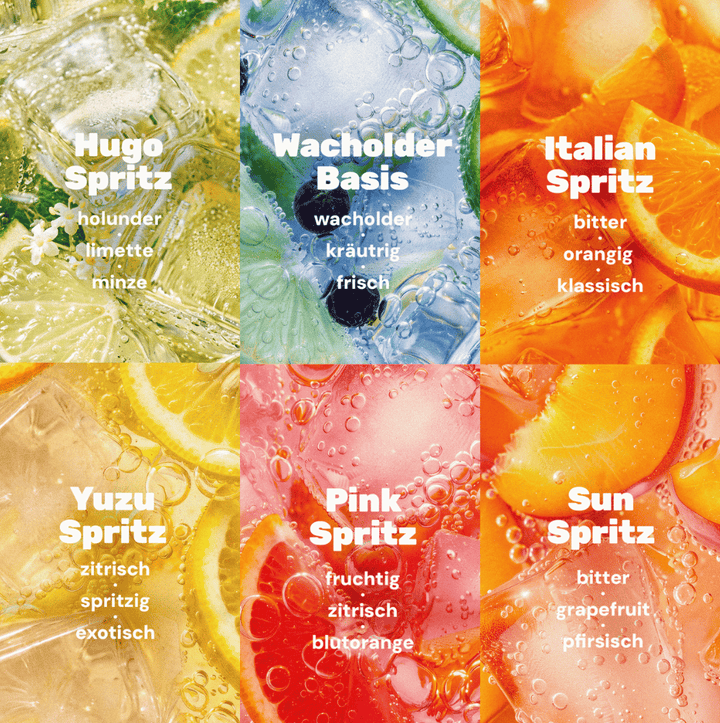 nüchtern Allrounder Paket Alkoholfrei – 60 Drinks (Wacholder Basis, Italian, Hugo, Yuzu, Pink und Sun Spritz)