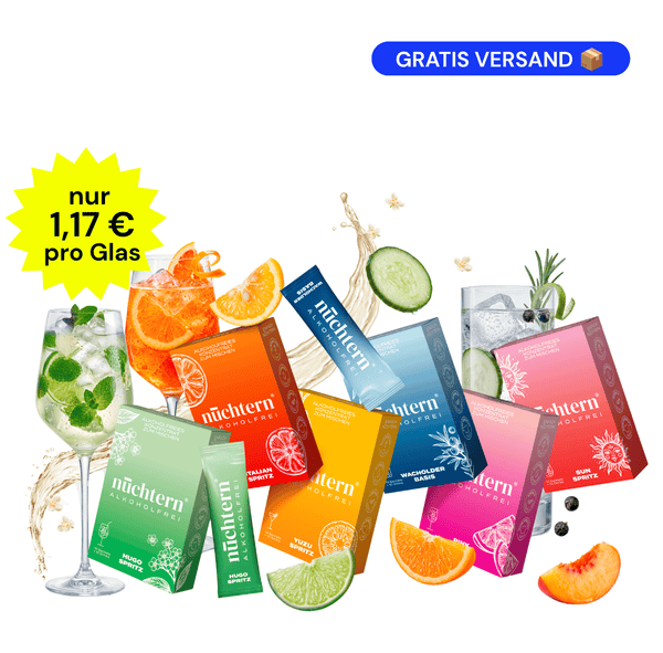 nüchtern Allrounder Paket Alkoholfrei – 60 Drinks (Wacholder Basis, Italian, Hugo, Yuzu, Pink und Sun Spritz)