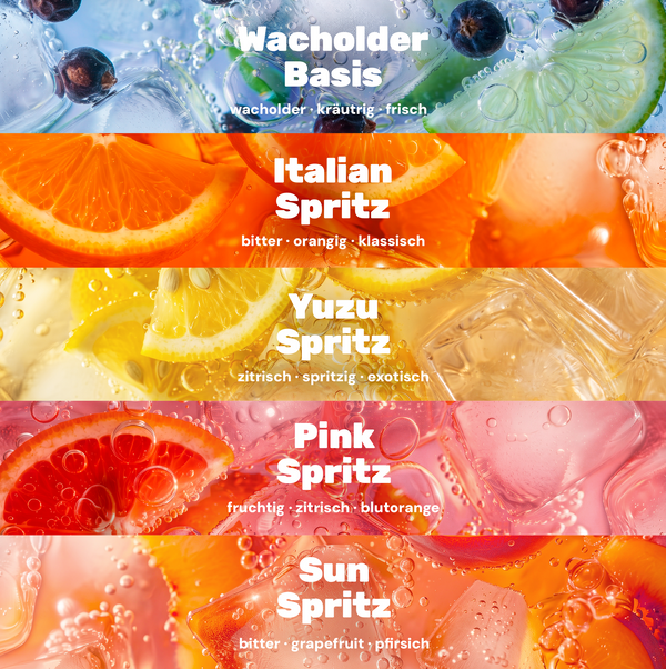 nüchtern Homebar Paket Alkoholfrei – 50 Drinks (Wacholder Basis, Italian, Yuzu, Pink und Sun Spritz)