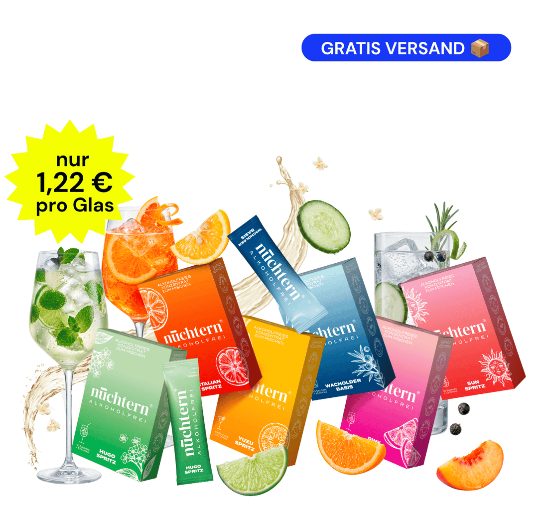 nüchtern Allrounder Paket Alkoholfrei – 60 Drinks (Wacholder Basis, Italian, Hugo, Yuzu, Pink und Sun Spritz) Neukundenangebot