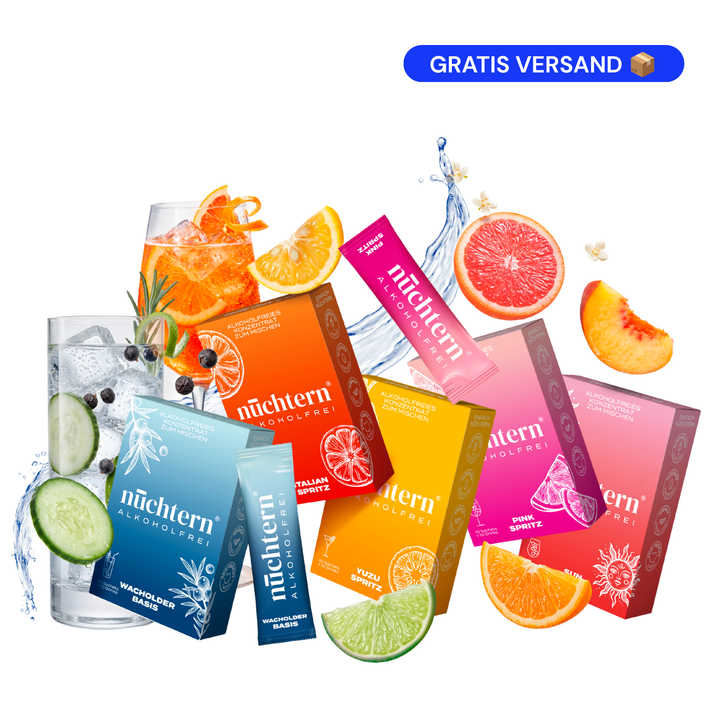 nüchtern Homebar Paket Alkoholfrei – 50 Drinks (Wacholder Basis, Italian, Yuzu, Pink und Sun Spritz)
