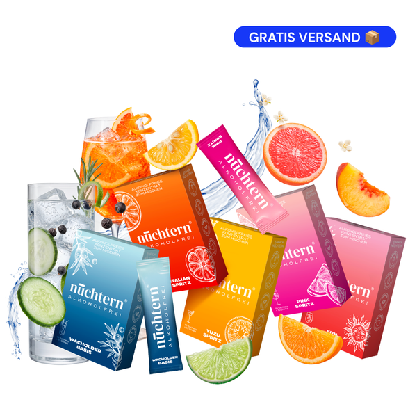 nüchtern Homebar Paket Alkoholfrei – 50 Drinks (Wacholder Basis, Italian, Yuzu, Pink und Sun Spritz)