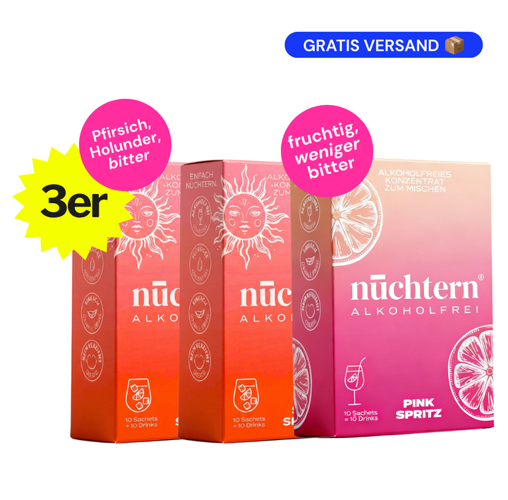 nüchtern Spritz Aperitivo Set Alkoholfrei – 30 Drinks (10 Pink Grapefruit 🍊 + 20 Sun Pfirsich 🍑 Spritz)