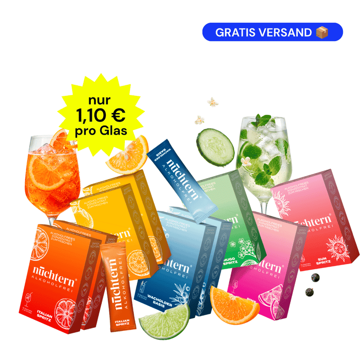 nüchtern Vorrats Paket Alkoholfrei – 90 Drinks (Wacholder Basis, Italian, Hugo, Yuzu, Pink und Sun Spritz)