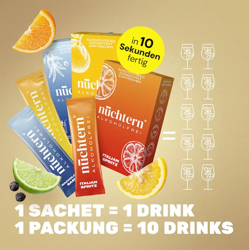 nüchtern 4er Bundle: 1 Sachet ergibt 1 Drink, 1 Packung ergibt 10 alkoholfreie Drinks, in 10 Sekunden fertig