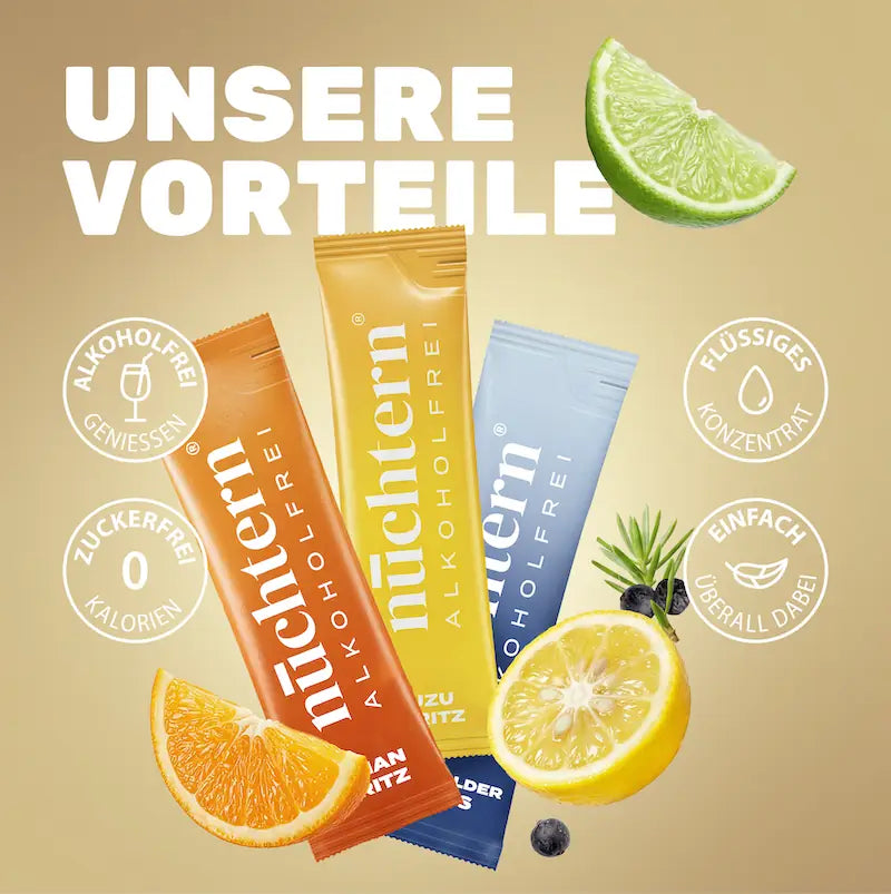 Vorteile der nüchtern Sachets: alkoholfrei, flüssiges Konzentrat, zuckerfrei und überall dabei