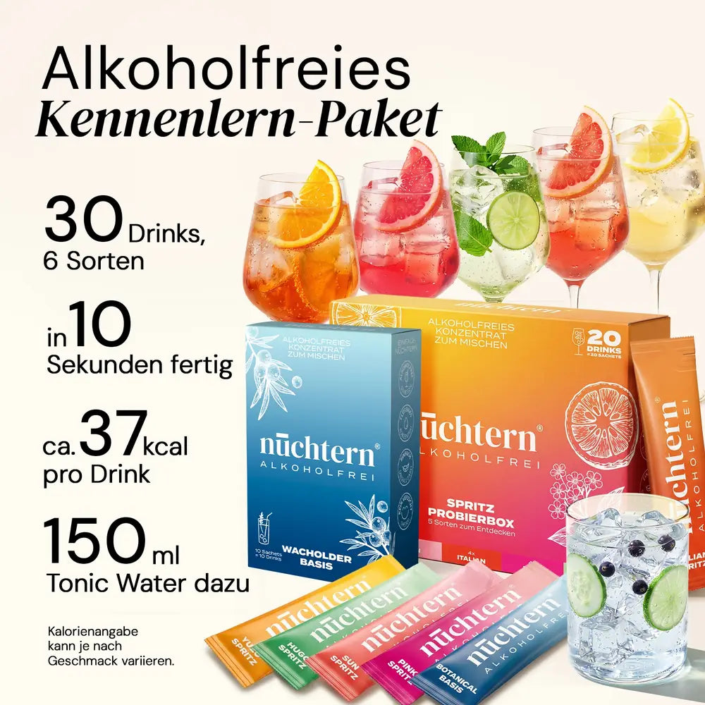 nüchtern Kennenlern-Paket: Spritz Probierbox und Wacholder Basis, 30 alkoholfreie Drinks in 6 Sorten, mit Tonic Water gemischt