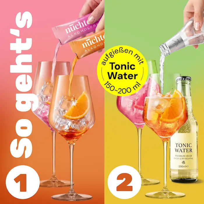 nüchtern Spritz Probierbox mit 5 alkoholfreien Sorten in Sachets, vegan, mit Orange, Limette und Zitrone