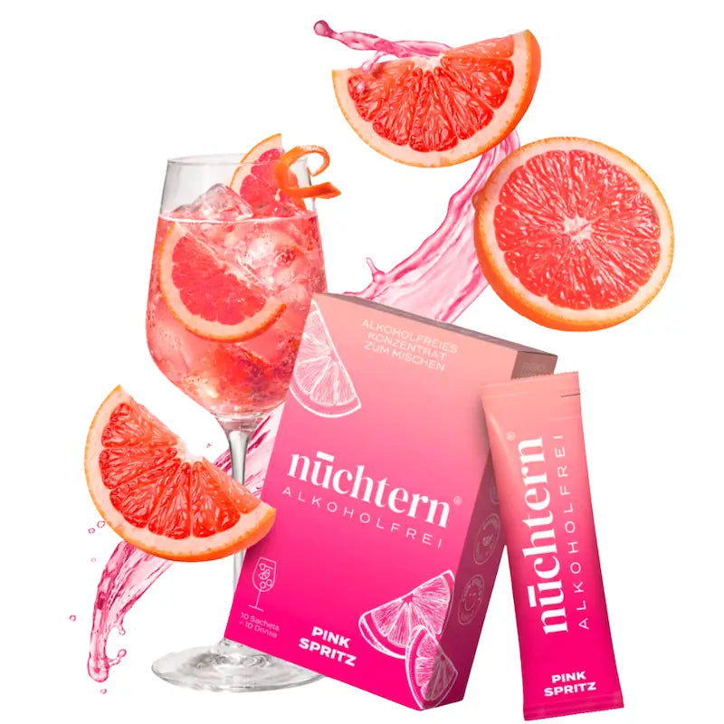 nüchtern alkoholfreier Pink Spritz – Packung mit Sachet und Spritz-Glas