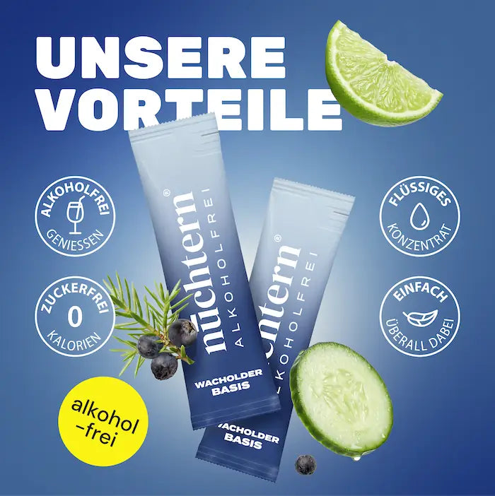 Vorteile nüchtern Wacholder Basis: alkoholfrei, kalorienarm, flüssiges Konzentrat und überall dabei