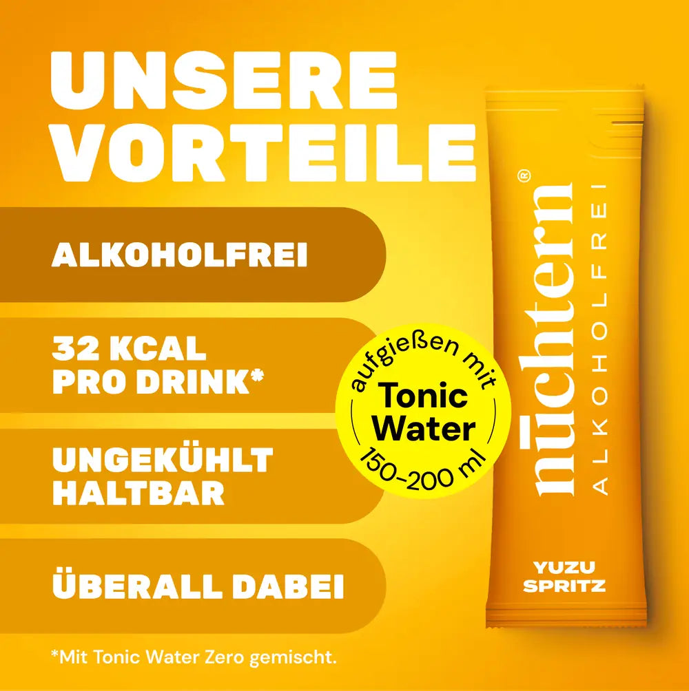 Vorteile nüchtern Yuzu Spritz: alkoholfrei, kalorienarm, ungekühlt haltbar und überall dabei