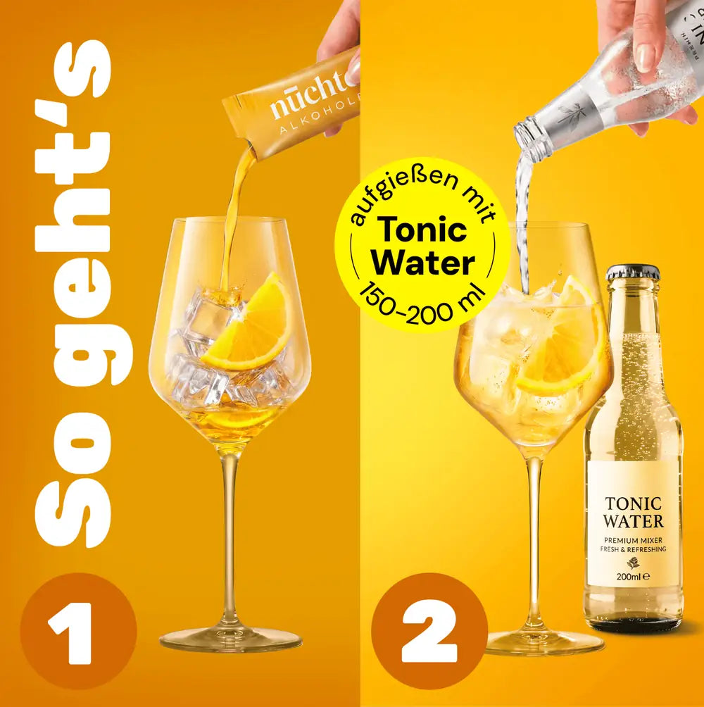 Zubereitung alkoholfreier Yuzu Spritz: Sachet ins Glas geben und mit Tonic Water auffüllen