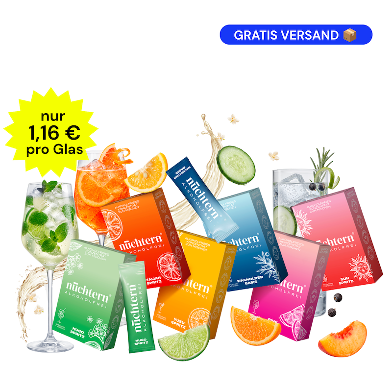 nüchtern Allrounder Paket Alkoholfrei – 60 Drinks (Wacholder Basis, Italian, Hugo, Yuzu, Pink und Sun Spritz)