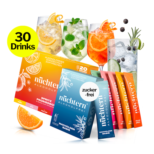 nüchtern Alkoholfrei Bundle: Mixed Box + Wacholder Basis – 30 Drinks für deinen Aperitivo
